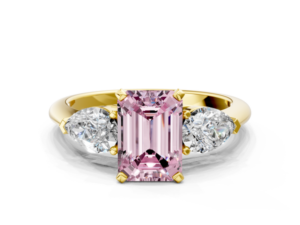 Yellow gold Three-Stone Fancy Pink Emerald Cut Diamond Ring with Pear Side Stones and Four-Prong Setting