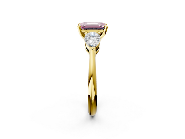 Yellow gold Three-Stone Fancy Pink Emerald Cut Diamond Ring with Pear Side Stones and Four-Prong Setting
