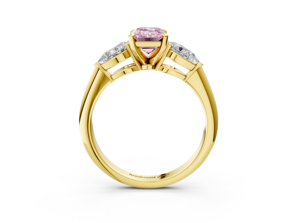 Yellow gold Three-Stone Fancy Pink Emerald Cut Diamond Ring with Pear Side Stones and Four-Prong Setting