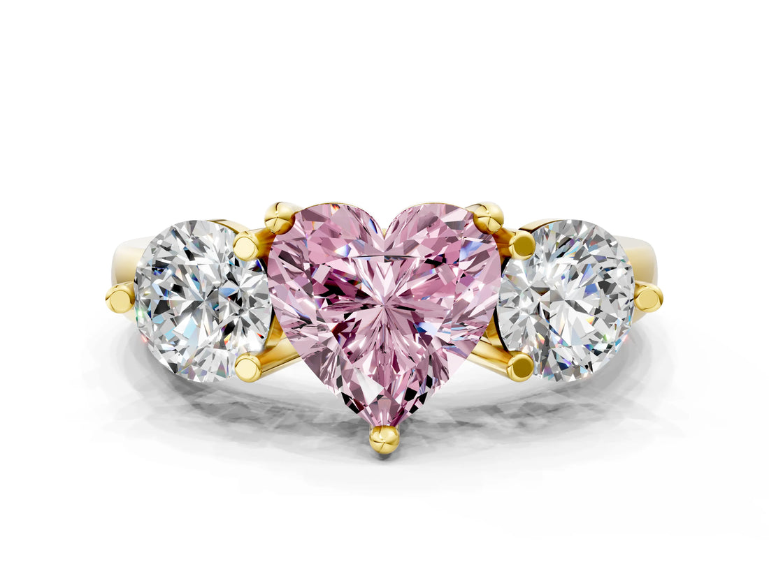 Yellow gold Three-Stone Fancy Pink Heart  Brilliant Cut Solitaire Ring with Prong Setting on a Classic Band 1