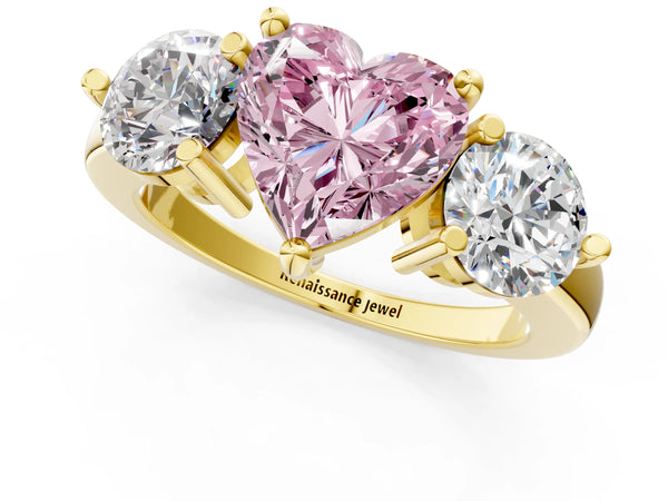 Yellow gold Three-Stone Fancy Pink Heart  Brilliant Cut Solitaire Ring with Prong Setting on a Classic Band