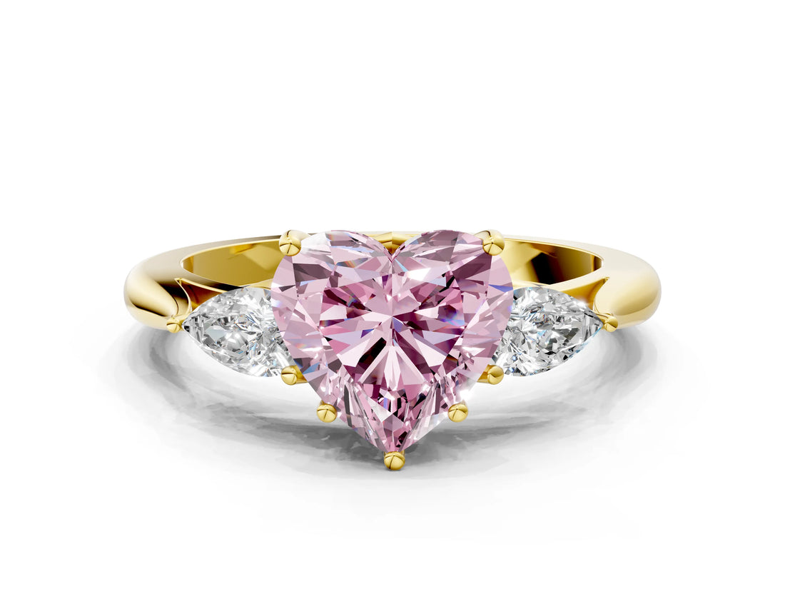 Yellow gold Three-Stone Fancy Pink Heart Cut Brilliant Diamond Solitaire Ring with Tapered Band and Four-Prong Setting_6