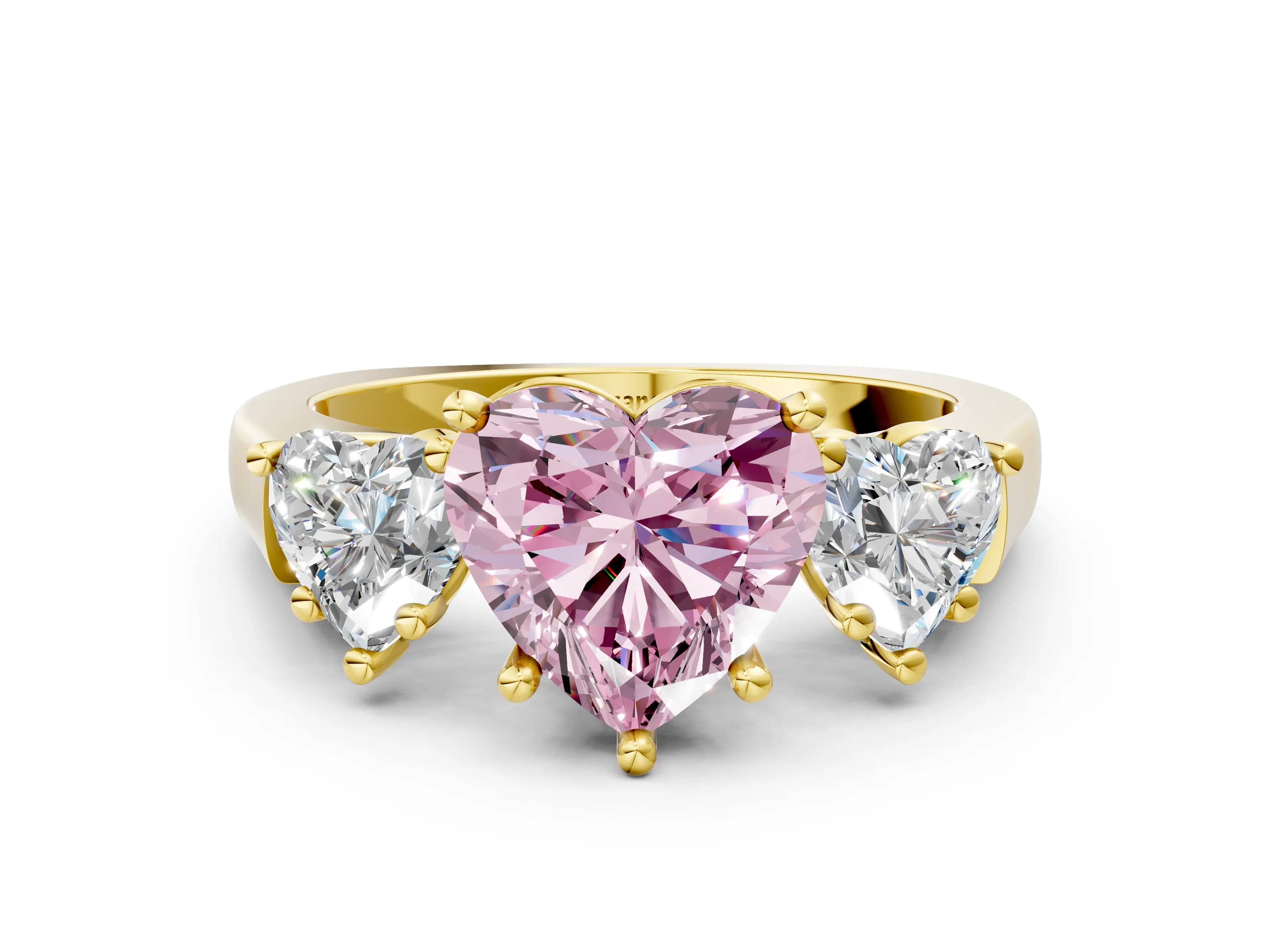 Yellow gold Three-Stone Fancy Pink Heart Cut Brilliant Diamond Trellis Ring with Comfort Fit Band