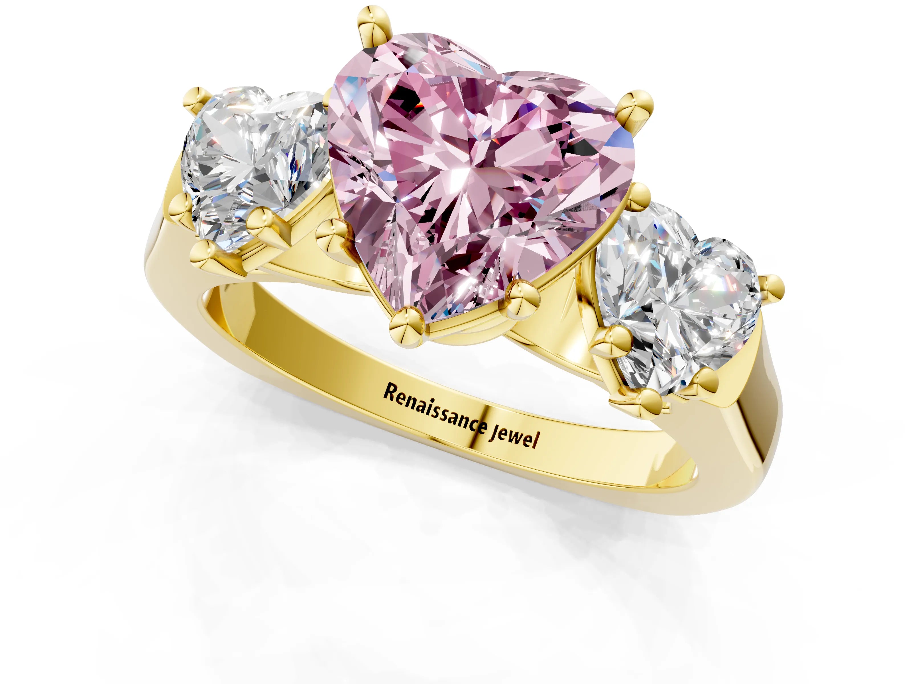 Yellow gold Three-Stone Fancy Pink Heart Cut Brilliant Diamond Trellis Ring with Comfort Fit Band_1