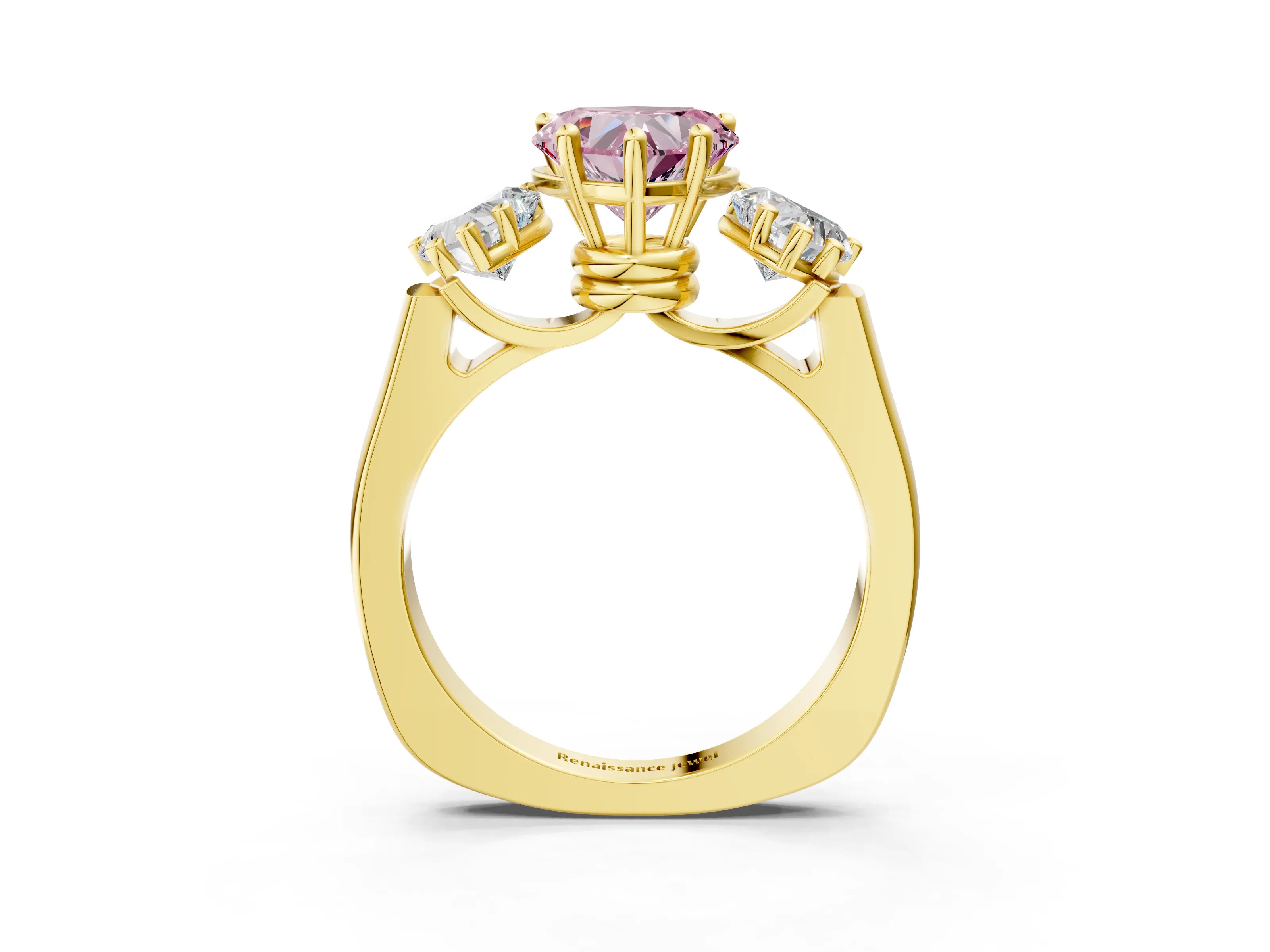 Yellow gold Three-Stone Fancy Pink Heart Cut Brilliant Diamond Trellis Ring with Comfort Fit Band_3