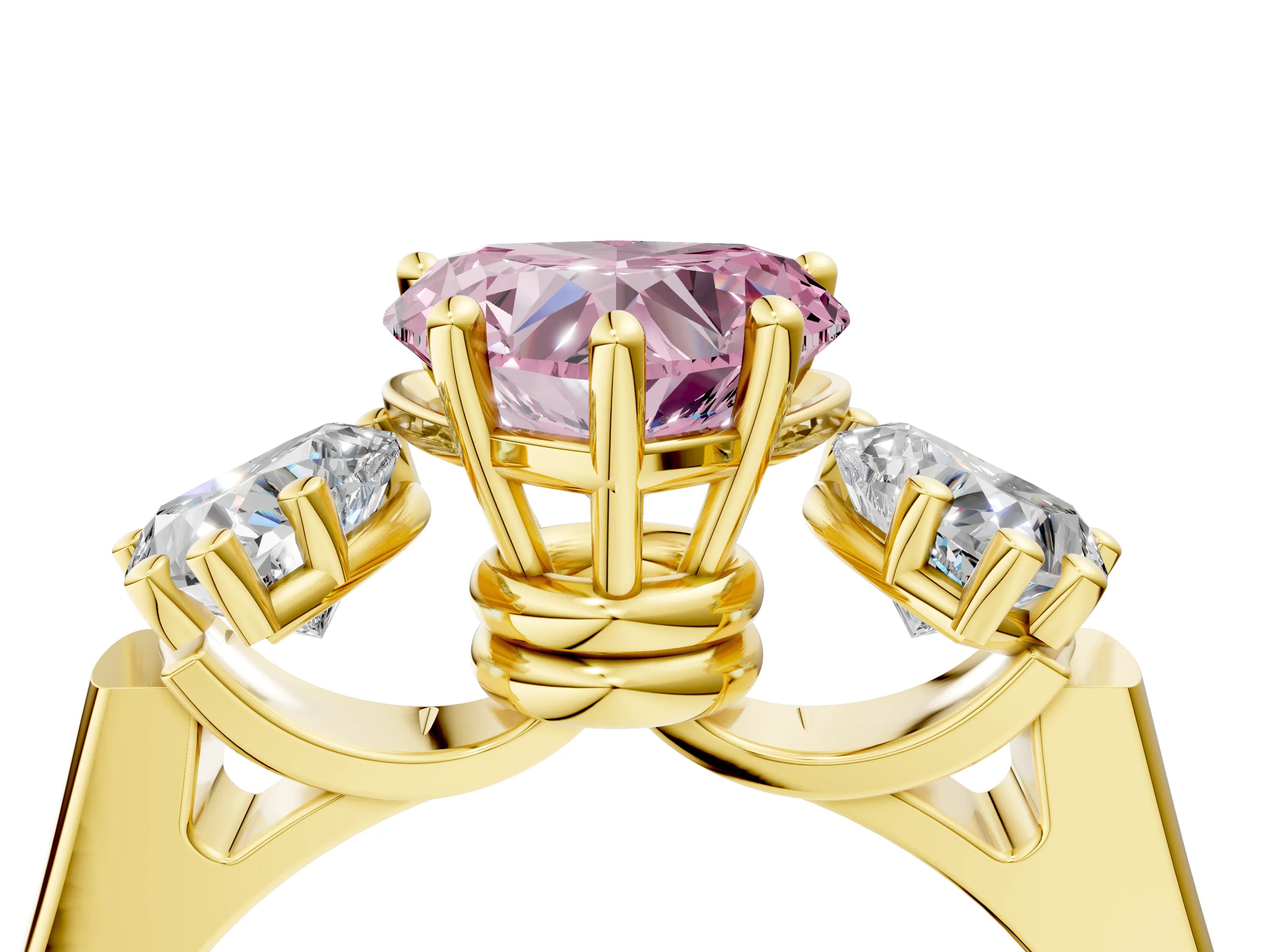 Yellow gold Three-Stone Fancy Pink Heart Cut Brilliant Diamond Trellis Ring with Comfort Fit Band_4