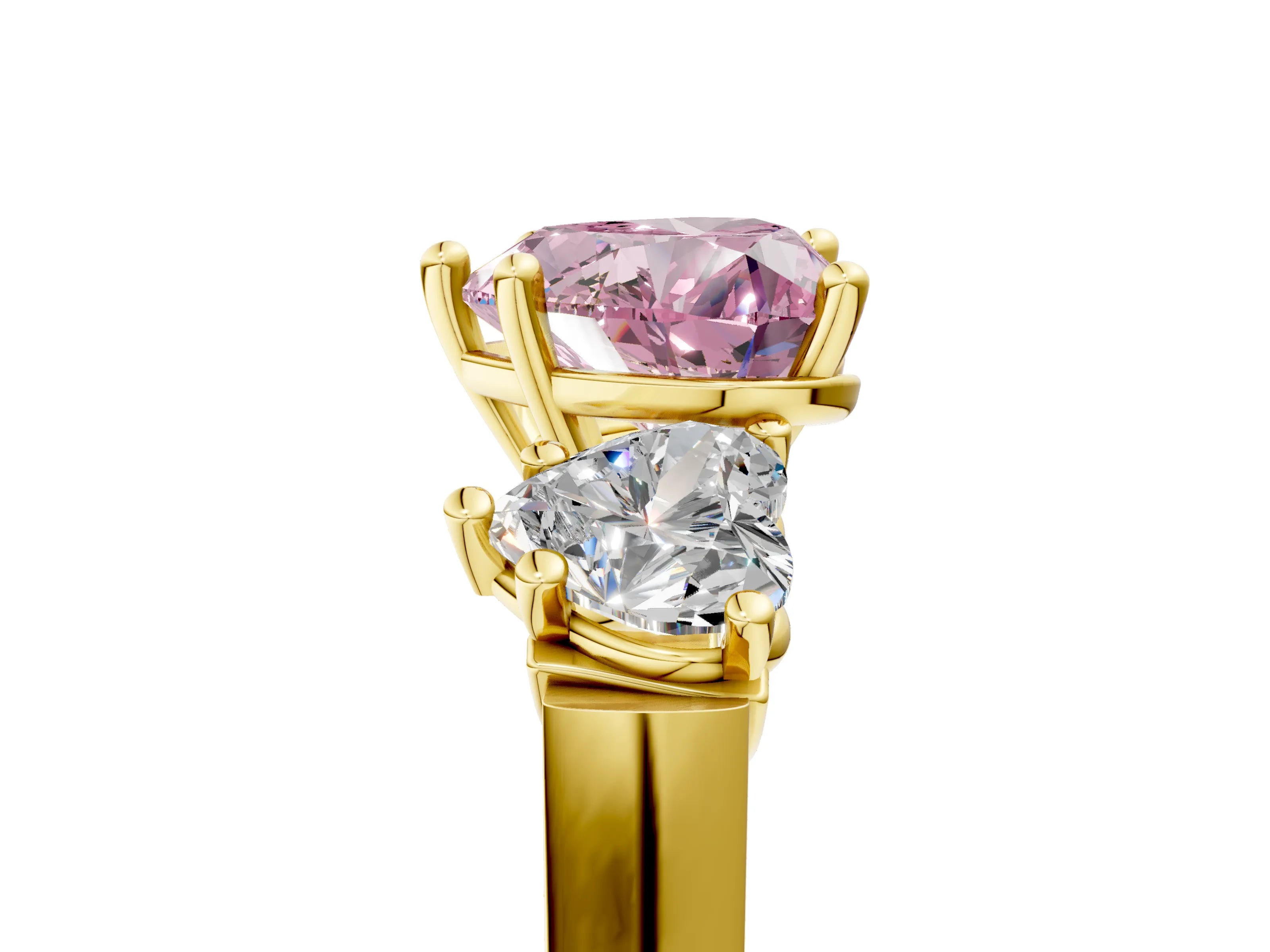 Yellow gold Three-Stone Fancy Pink Heart Cut Brilliant Diamond Trellis Ring with Comfort Fit Band_5