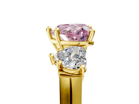 Yellow gold Three-Stone Fancy Pink Heart Cut Brilliant Diamond Trellis Ring with Comfort Fit Band_5