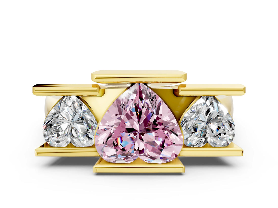Yellow gold Three Stone Fancy Pink Heart Cut Cut Channel Set Diamond Ring