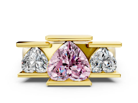 Yellow gold Three Stone Fancy Pink Heart Cut Cut Channel Set Diamond Ring