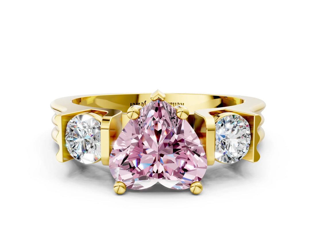 Yellow gold Three-Stone Fancy Pink Heart Cut Cut Classic Band Prong Setting Ring