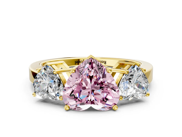 Yellow gold Three-Stone Fancy Pink Heart Cut Cut Diamond Engagement Ring with Flat Band and Four-Prong Setting