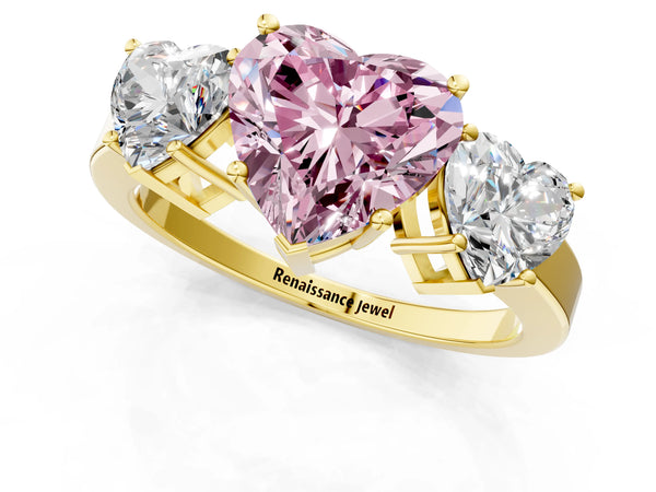 Yellow gold Three-Stone Fancy Pink Heart Cut Cut Diamond Engagement Ring with Flat Band and Four-Prong Setting
