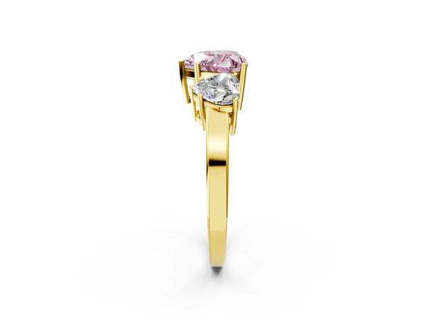 Yellow gold Three-Stone Fancy Pink Heart Cut Cut Diamond Engagement Ring with Flat Band and Four-Prong Setting