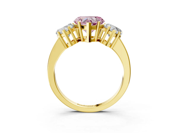 Yellow gold Three-Stone Fancy Pink Heart Cut Cut Diamond Engagement Ring with Flat Band and Four-Prong Setting