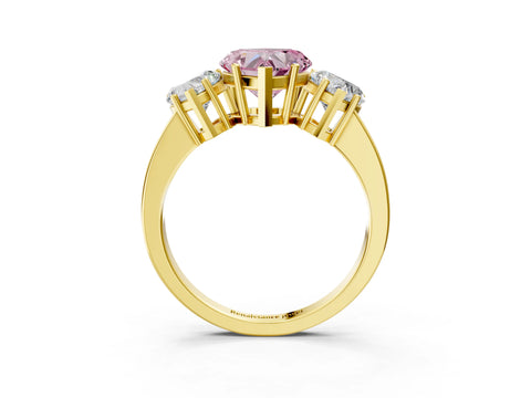 Yellow gold Three-Stone Fancy Pink Heart Cut Cut Diamond Engagement Ring with Flat Band and Four-Prong Setting_3
