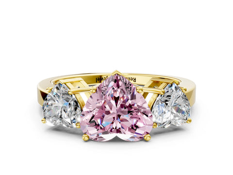 Yellow gold Three-Stone Fancy Pink Heart Cut Cut Diamond Engagement Ring with Flat Band and Four-Prong Setting