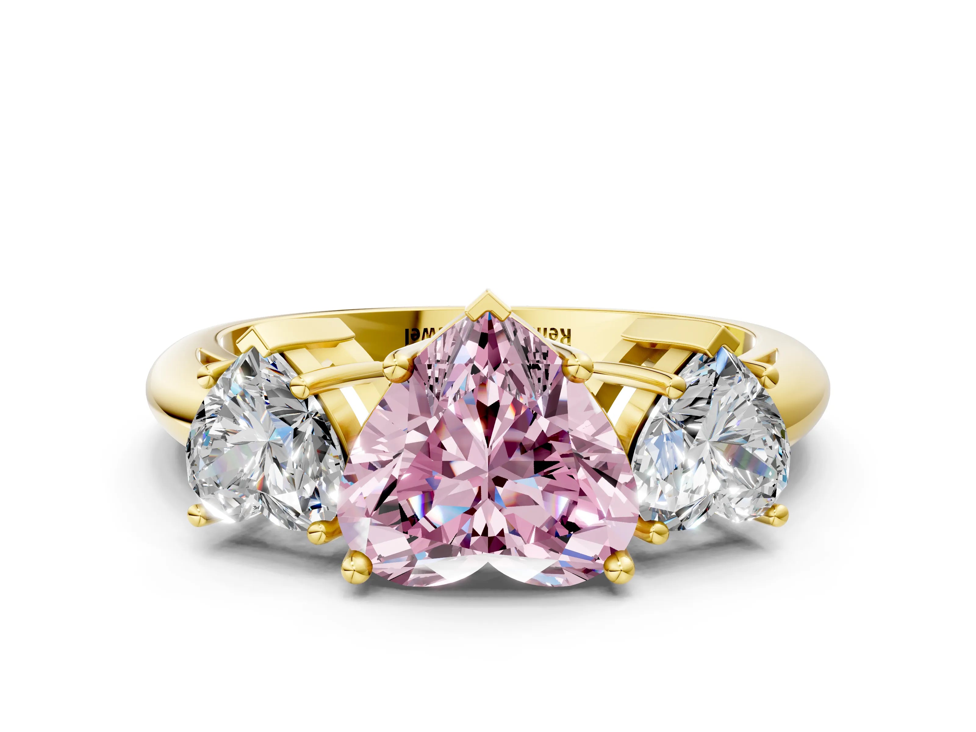 Yellow gold Three-Stone Fancy Pink Heart Cut Cut Diamond Engagement Ring with Prong Setting on a White Gold Band