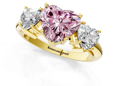 Yellow gold Three-Stone Fancy Pink Heart Cut Cut Diamond Engagement Ring with Prong Setting on a White Gold Band_1