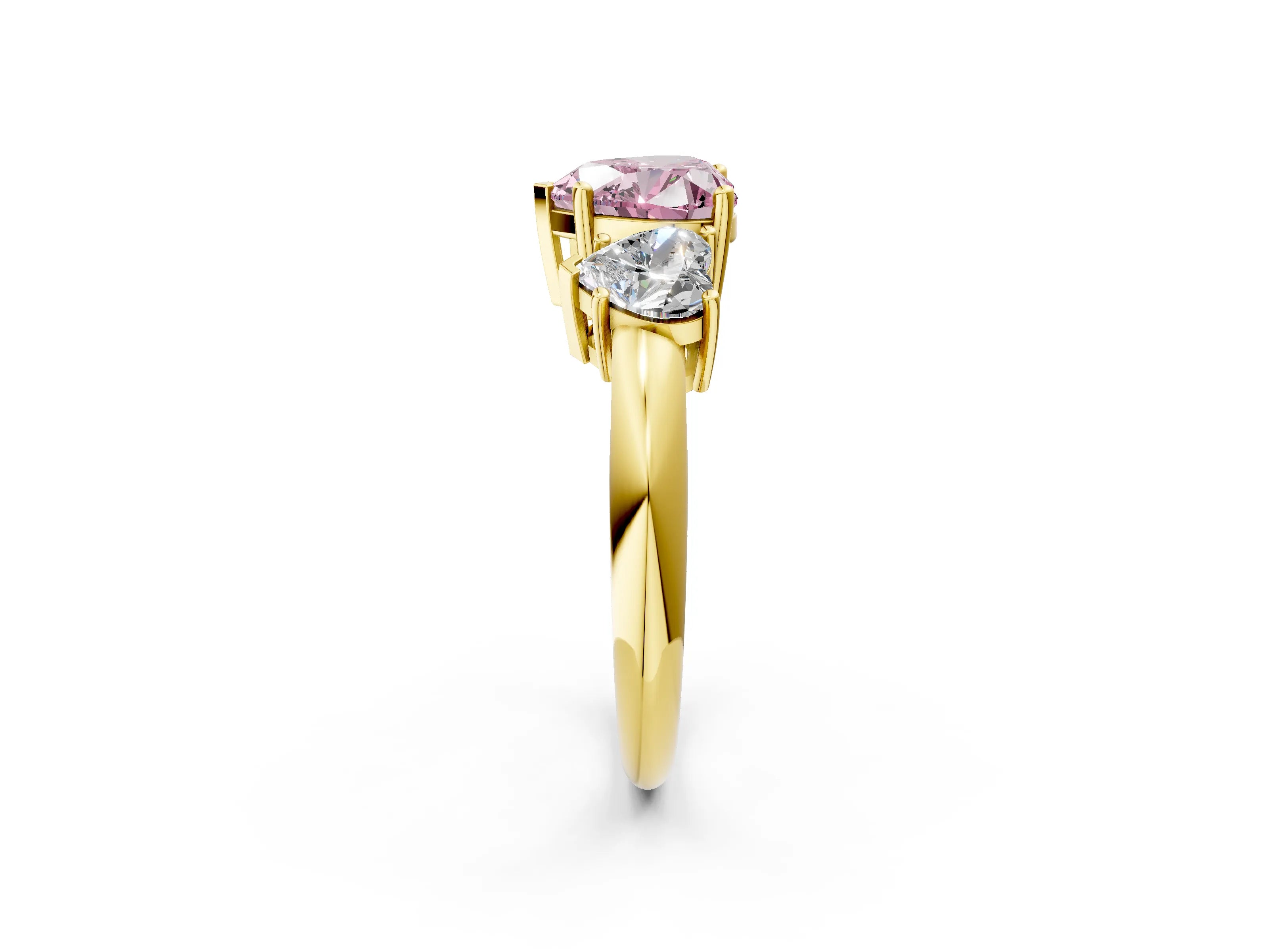 Yellow gold Three-Stone Fancy Pink Heart Cut Cut Diamond Engagement Ring with Prong Setting on a White Gold Band_2