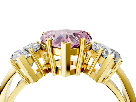 Yellow gold Three-Stone Fancy Pink Heart Cut Cut Diamond Engagement Ring with Prong Setting on a White Gold Band_4