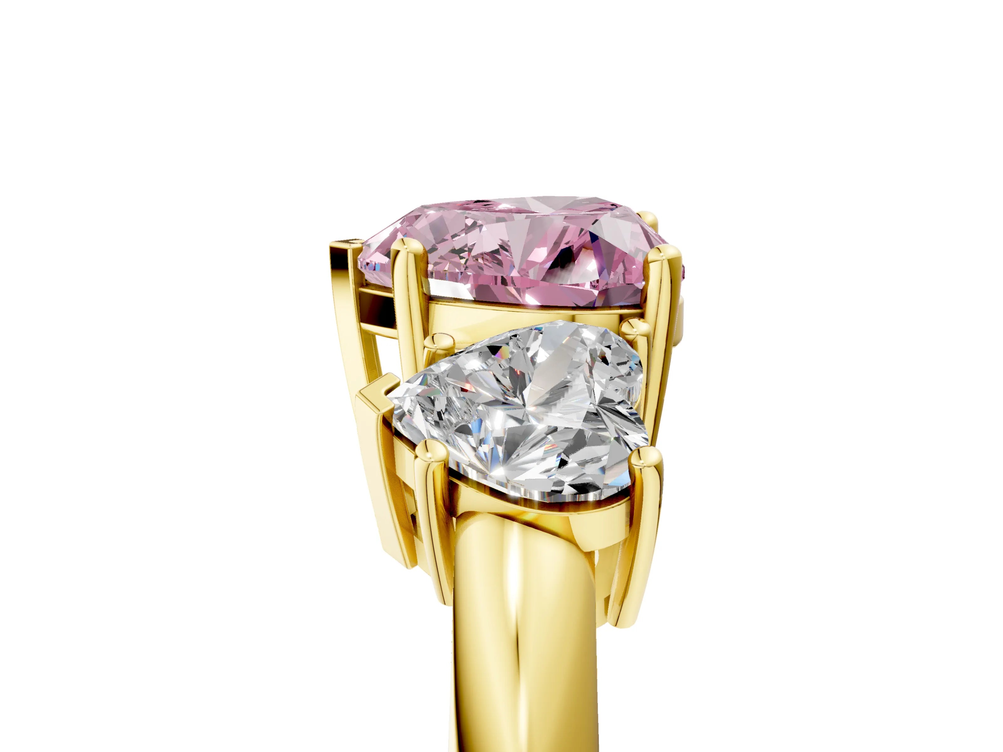 Yellow gold Three-Stone Fancy Pink Heart Cut Cut Diamond Engagement Ring with Prong Setting on a White Gold Band_5
