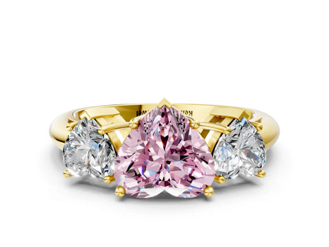 Yellow gold Three-Stone Fancy Pink Heart Cut Cut Diamond Engagement Ring with Prong Setting on a White Gold Band