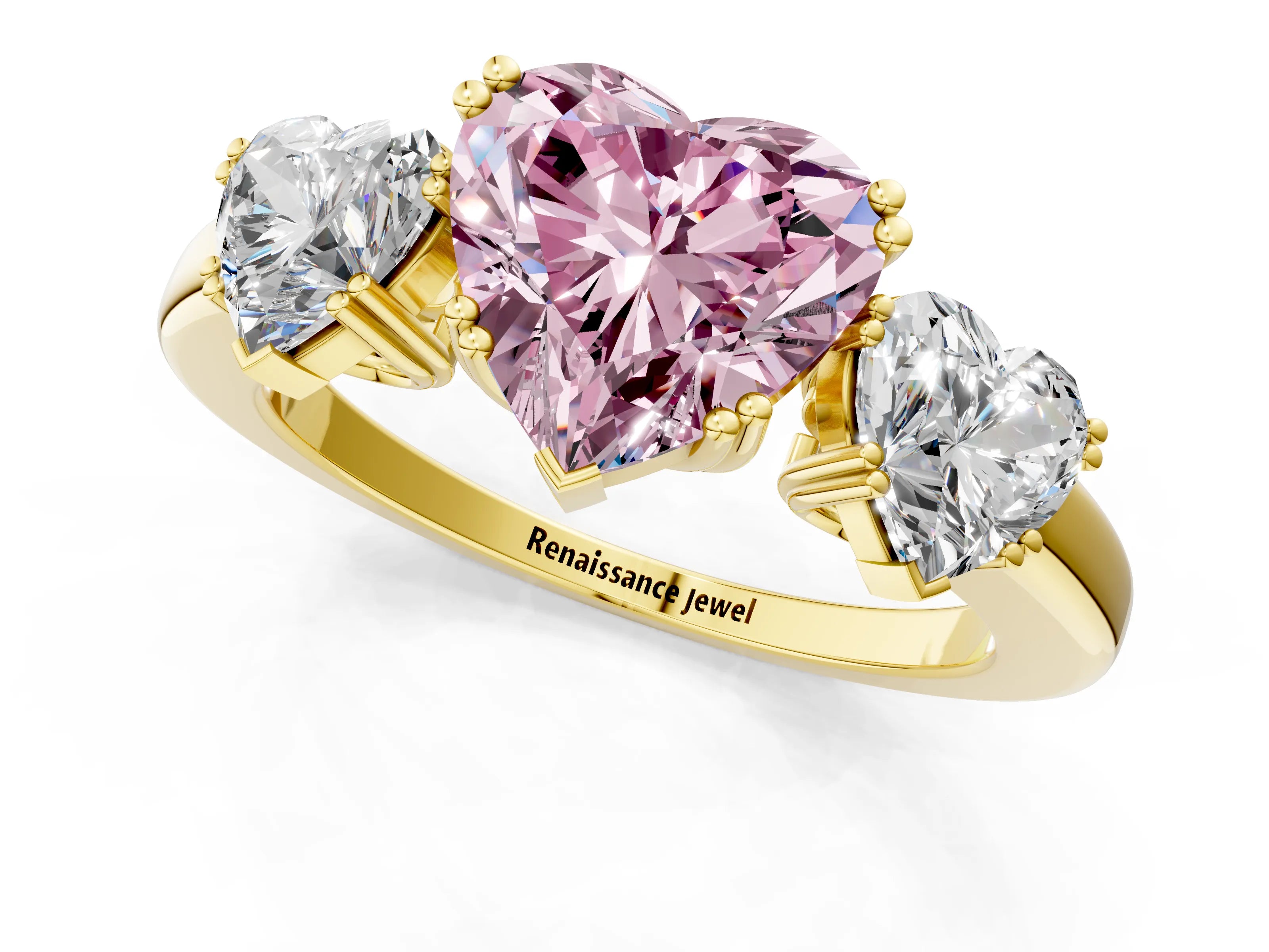Yellow gold Three-Stone Fancy Pink Heart Cut Cut Diamond Ring with Channel Set Band and Four-Prong Setting_1