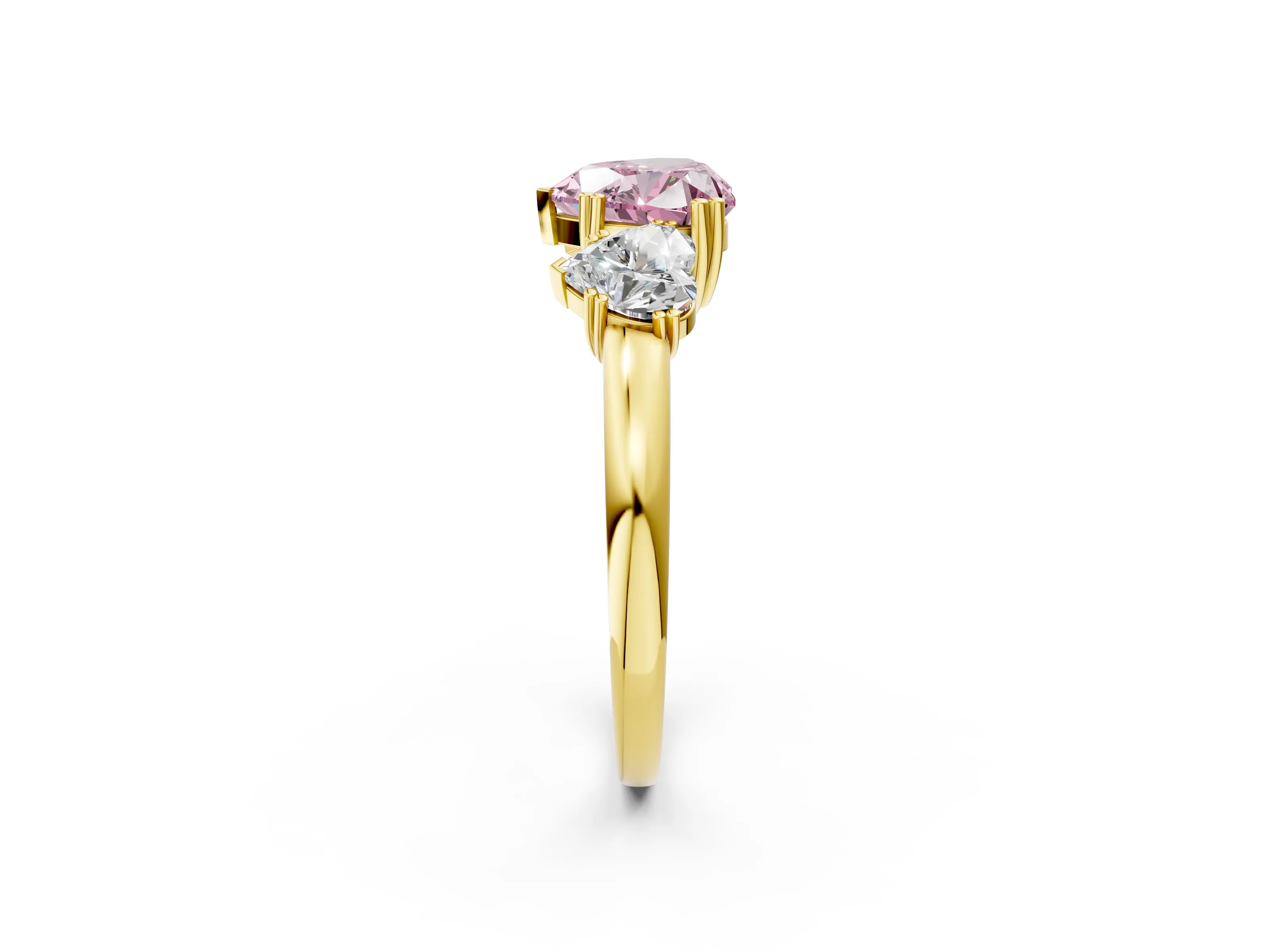 Yellow gold Three-Stone Fancy Pink Heart Cut Cut Diamond Ring with Channel Set Band and Four-Prong Setting_2