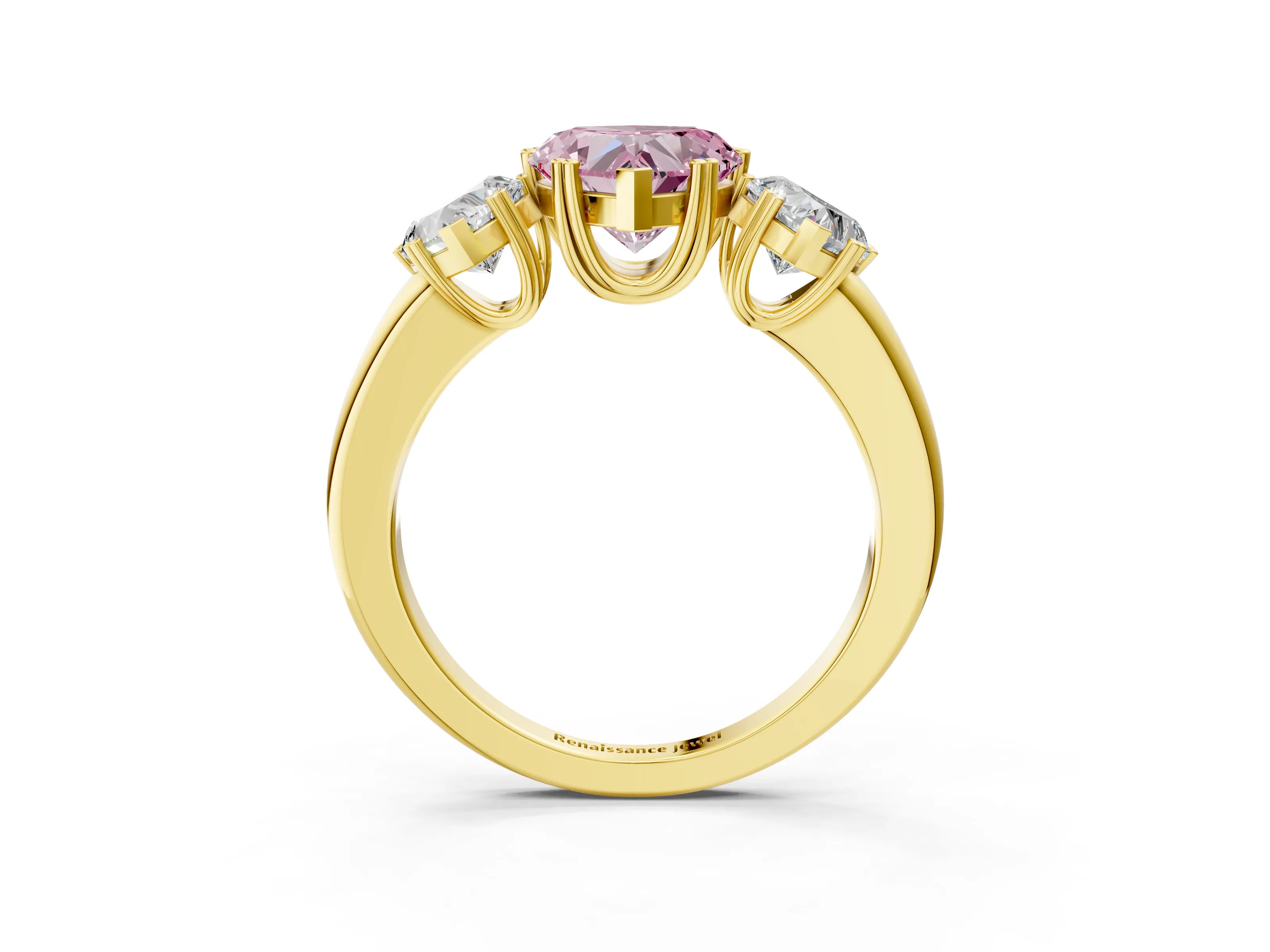 Yellow gold Three-Stone Fancy Pink Heart Cut Cut Diamond Ring with Channel Set Band and Four-Prong Setting_3