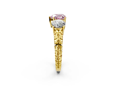 Yellow gold Three-Stone Fancy Pink Heart Cut Cut Diamond Ring with Channel-Set Band and Prong Setting_2
