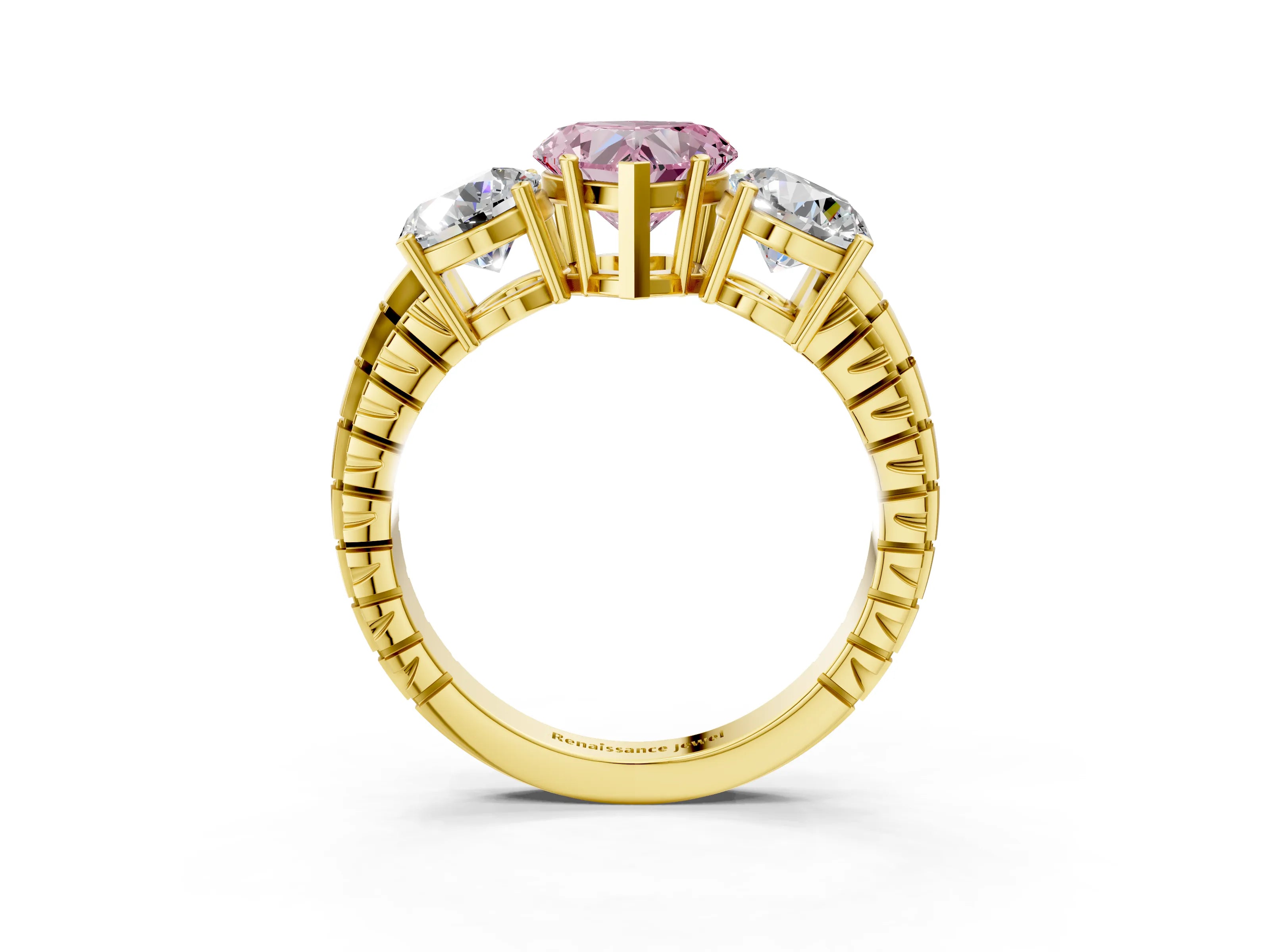 Yellow gold Three-Stone Fancy Pink Heart Cut Cut Diamond Ring with Channel-Set Band and Prong Setting_3
