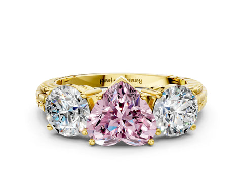 Yellow gold Three-Stone Fancy Pink Heart Cut Cut Diamond Ring with Channel-Set Band and Prong Setting