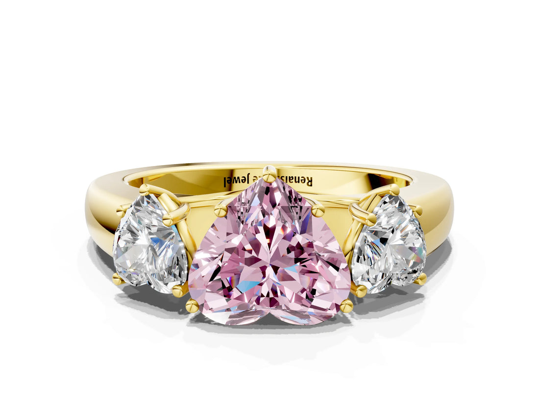 Yellow gold Three-Stone Fancy Pink Heart Cut Cut Diamond Ring with Prong Setting and Classic Band