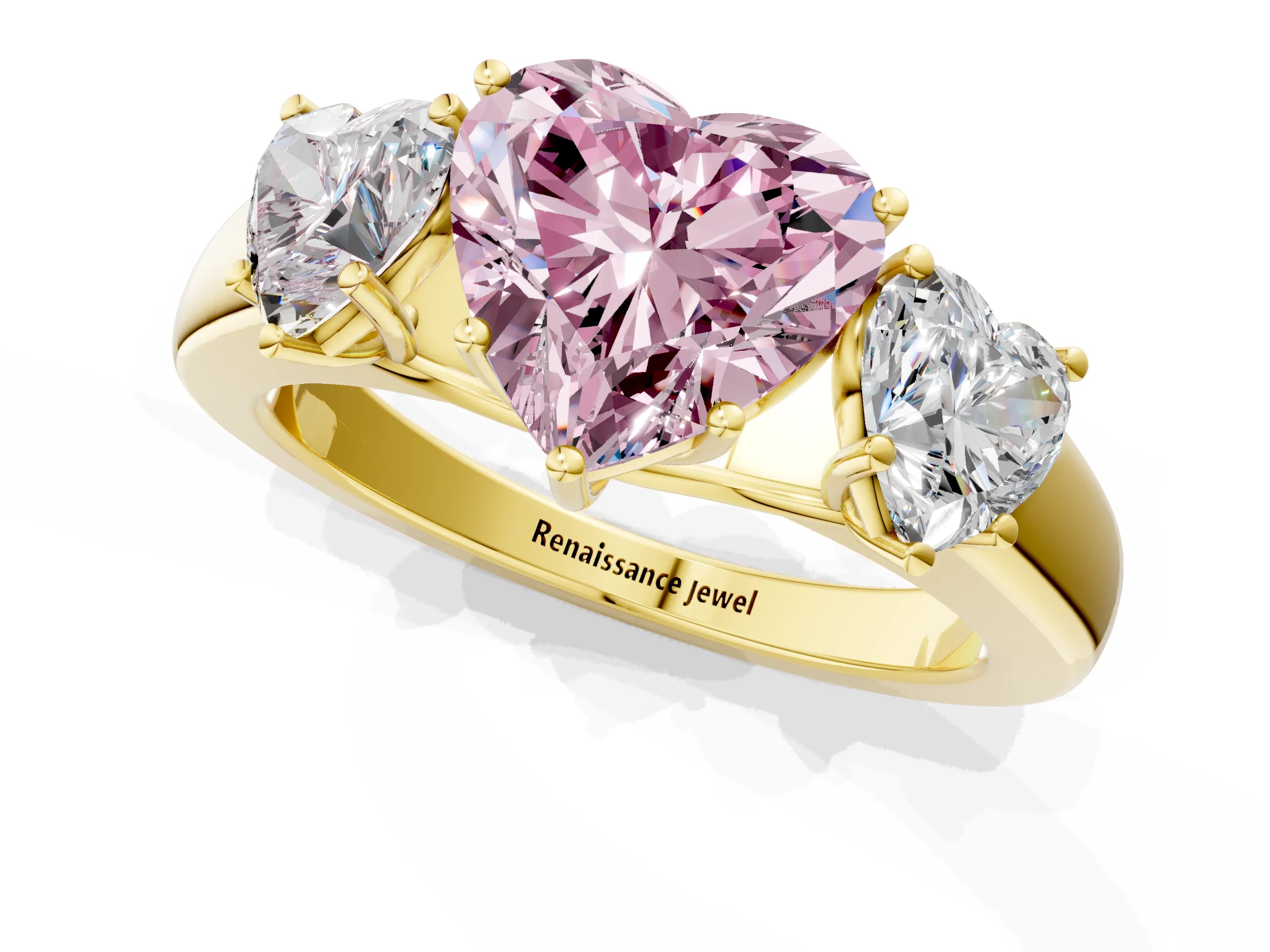 Yellow gold Three-Stone Fancy Pink Heart Cut Cut Diamond Ring with Prong Setting and Classic Band_1