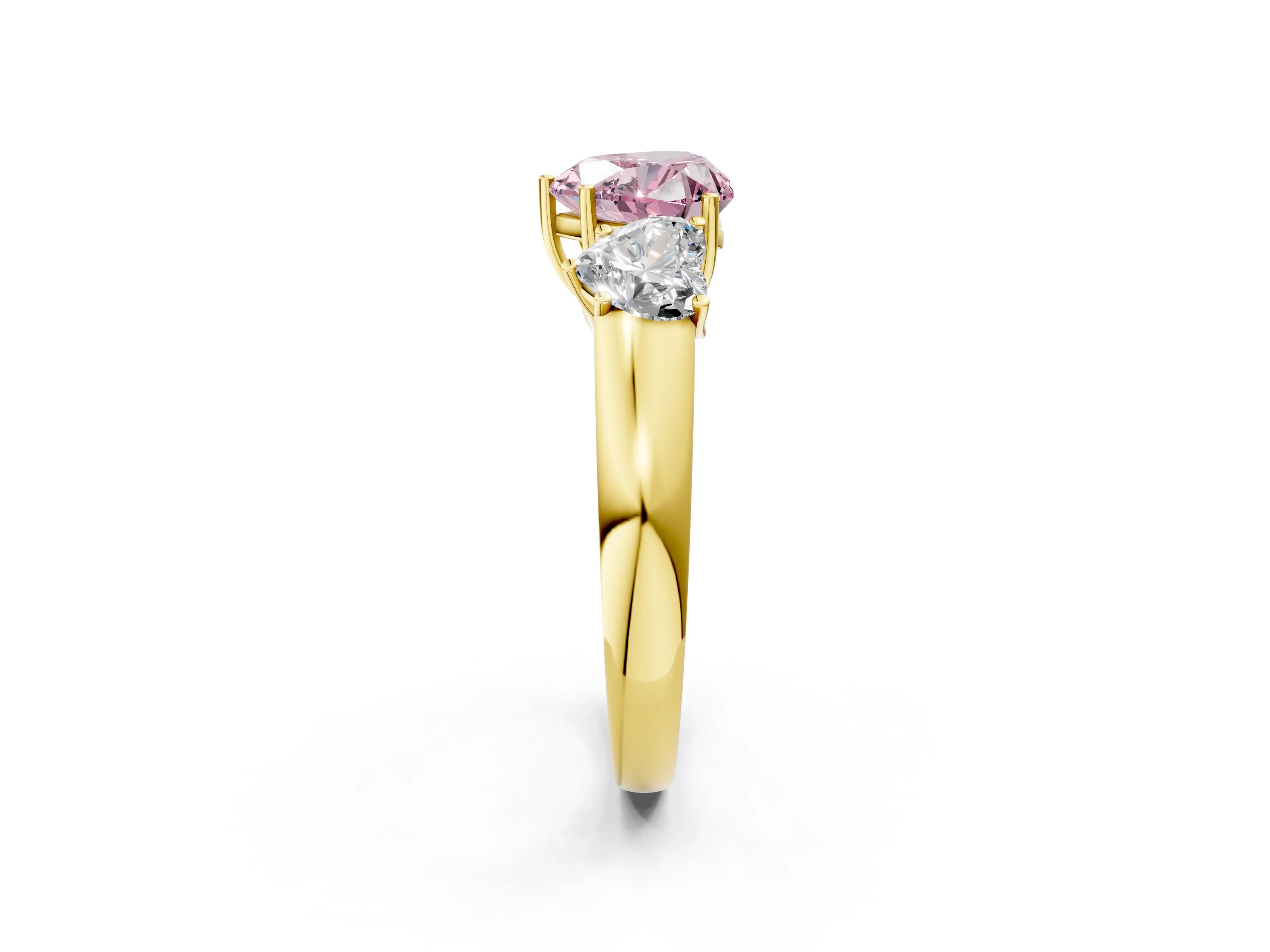 Yellow gold Three-Stone Fancy Pink Heart Cut Cut Diamond Ring with Prong Setting and Classic Band_2