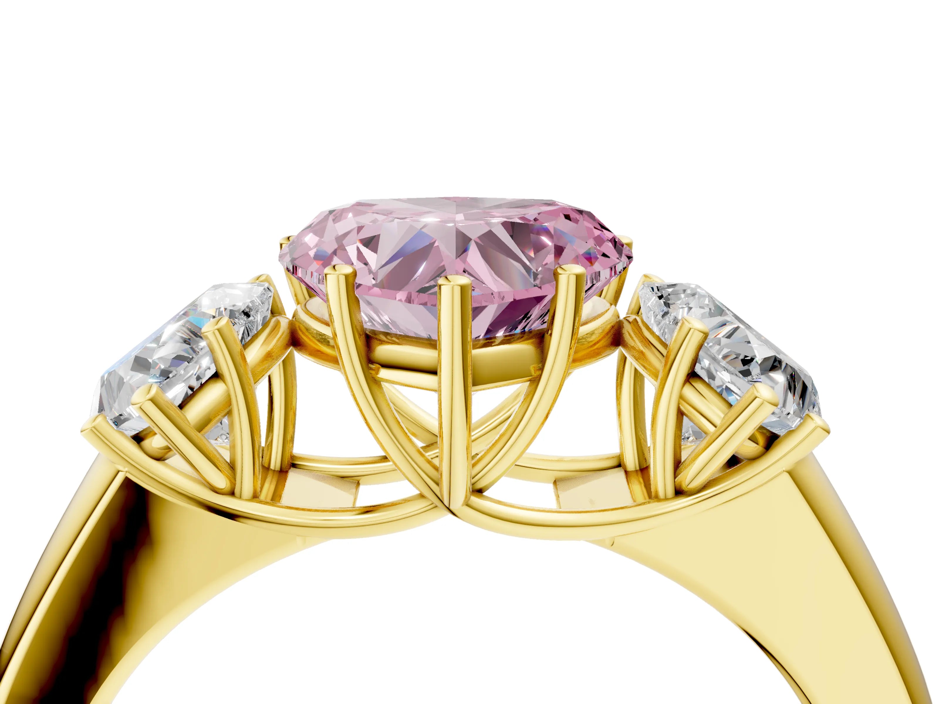 Yellow gold Three-Stone Fancy Pink Heart Cut Cut Diamond Ring with Prong Setting and Classic Band_4