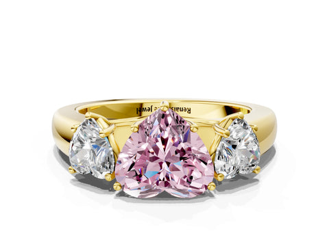 Yellow gold Three-Stone Fancy Pink Heart Cut Cut Diamond Ring with Prong Setting and Classic Band
