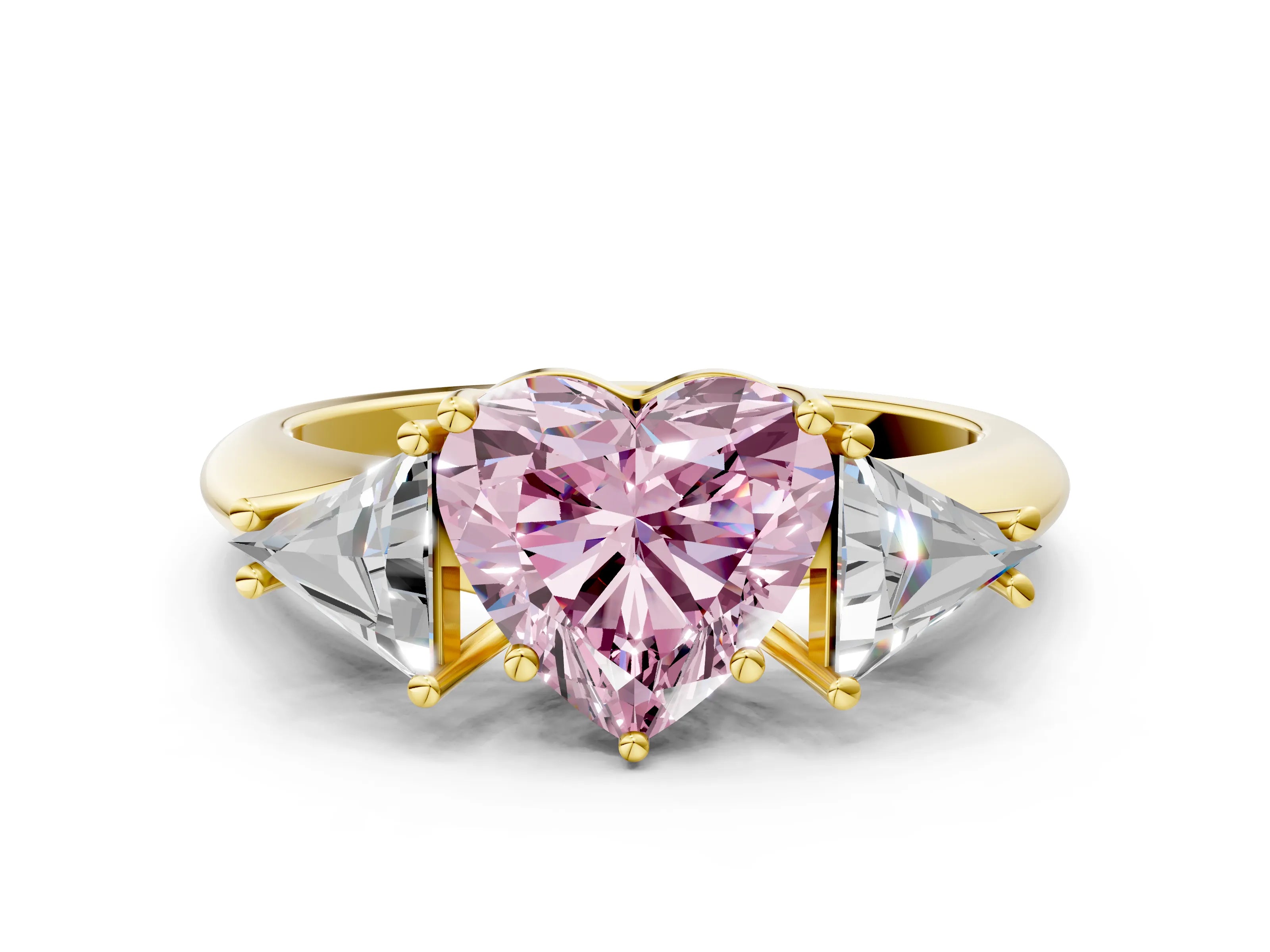 Yellow gold Three-Stone Fancy Pink Heart Cut Cut Diamond Ring with Trillion Side Stones and Four-Prong Setting_3