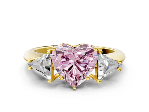 Yellow gold Three-Stone Fancy Pink Heart Cut Cut Diamond Ring with Trillion Side Stones and Four-Prong Setting_3