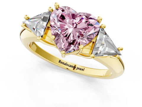 Yellow gold Three-Stone Fancy Pink Heart Cut Cut Diamond Ring with Trillion Side Stones and Four-Prong Setting_4