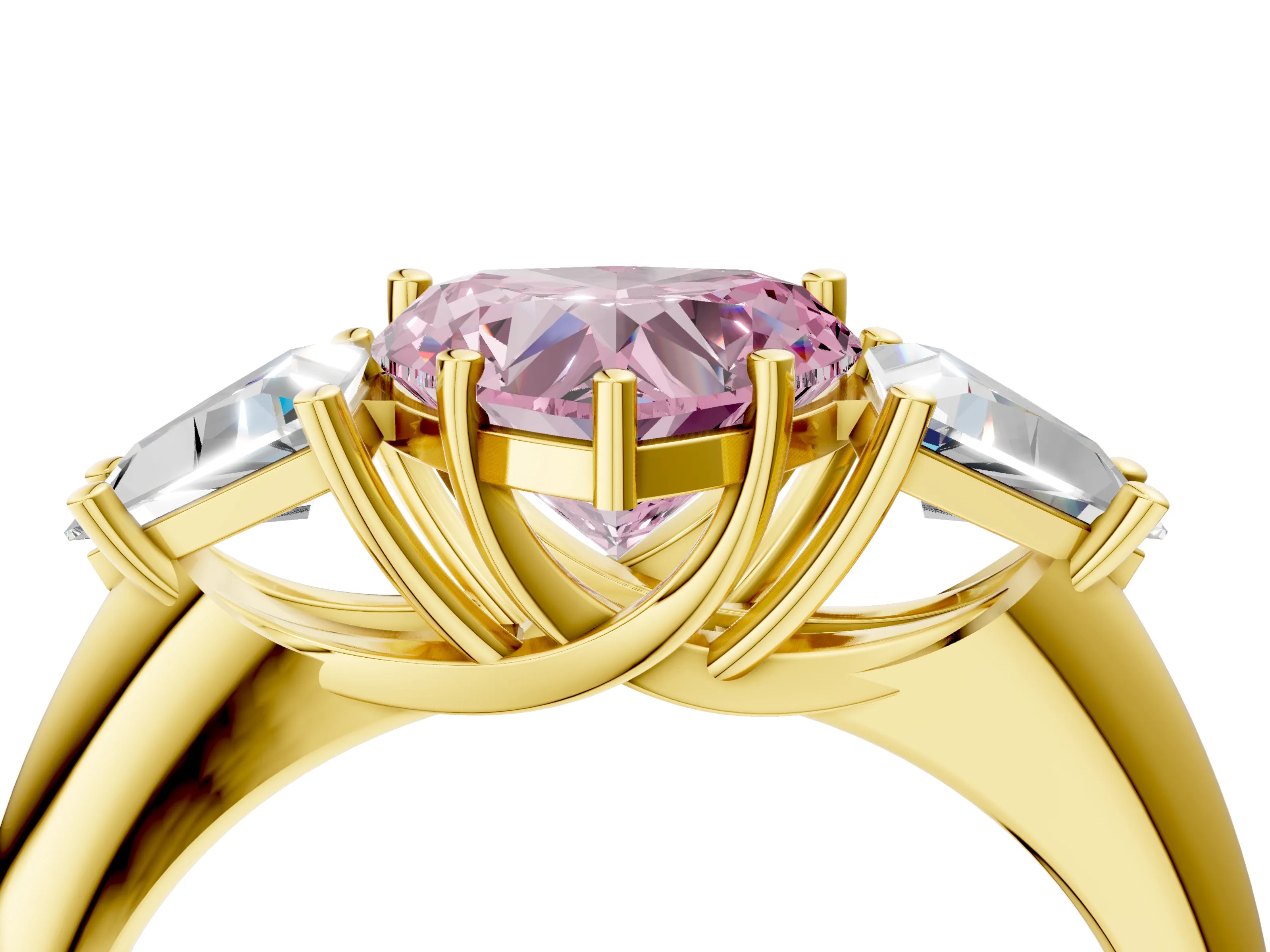 Yellow gold Three-Stone Fancy Pink Heart Cut Cut Diamond Ring with Trillion Side Stones and Four-Prong Setting_7