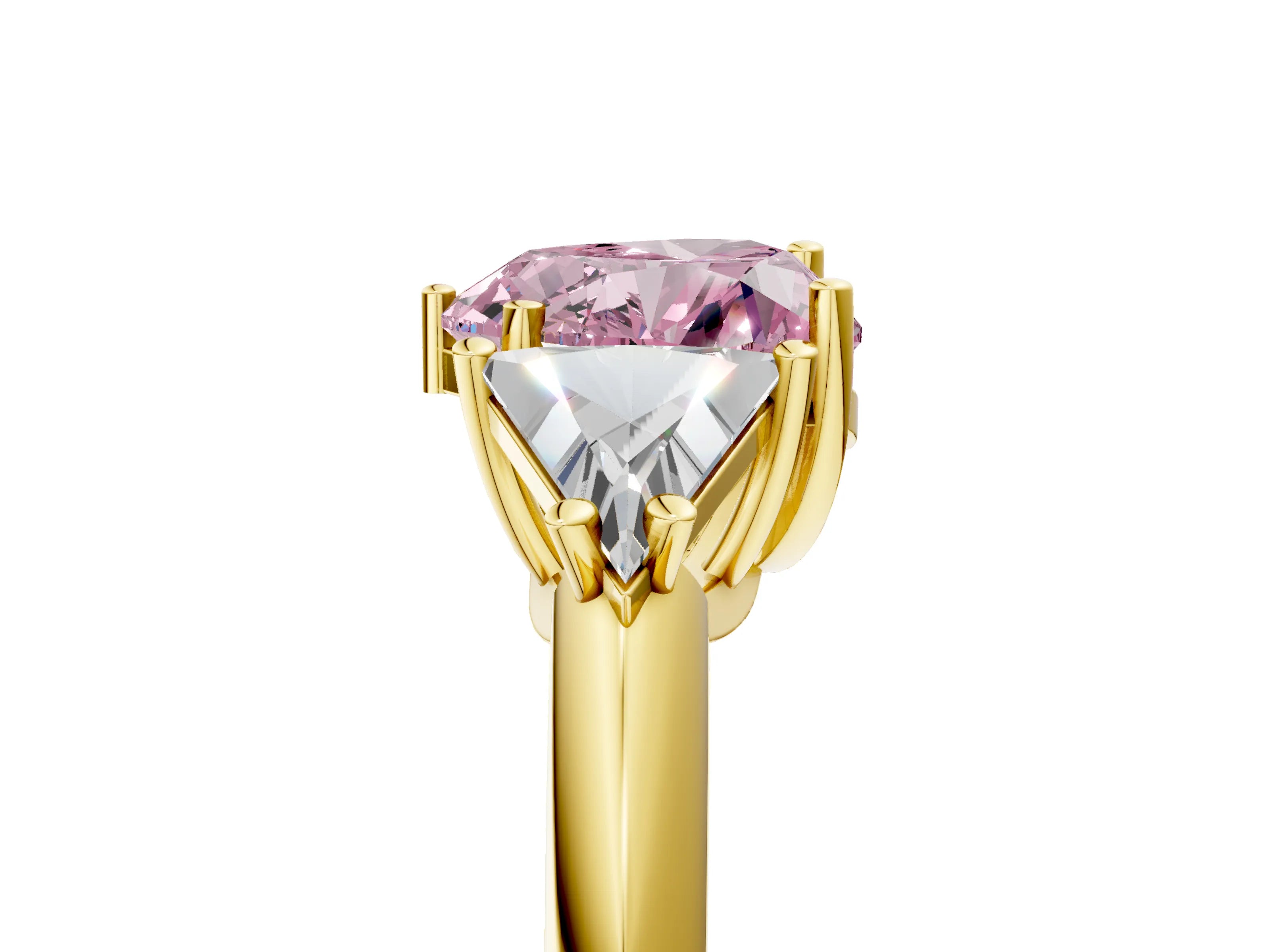 Yellow gold Three-Stone Fancy Pink Heart Cut Cut Diamond Ring with Trillion Side Stones and Four-Prong Setting_8