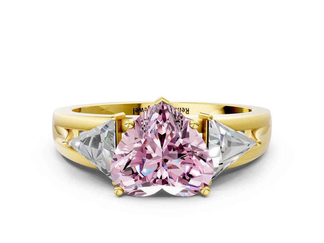 Yellow gold Three-Stone Fancy Pink Heart Cut Cut Diamond Ring with Trillion Side Stones on a Split Shank Band