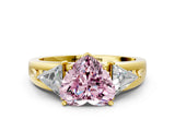 Yellow gold Three-Stone Fancy Pink Heart Cut Cut Diamond Ring with Trillion Side Stones on a Split Shank Band