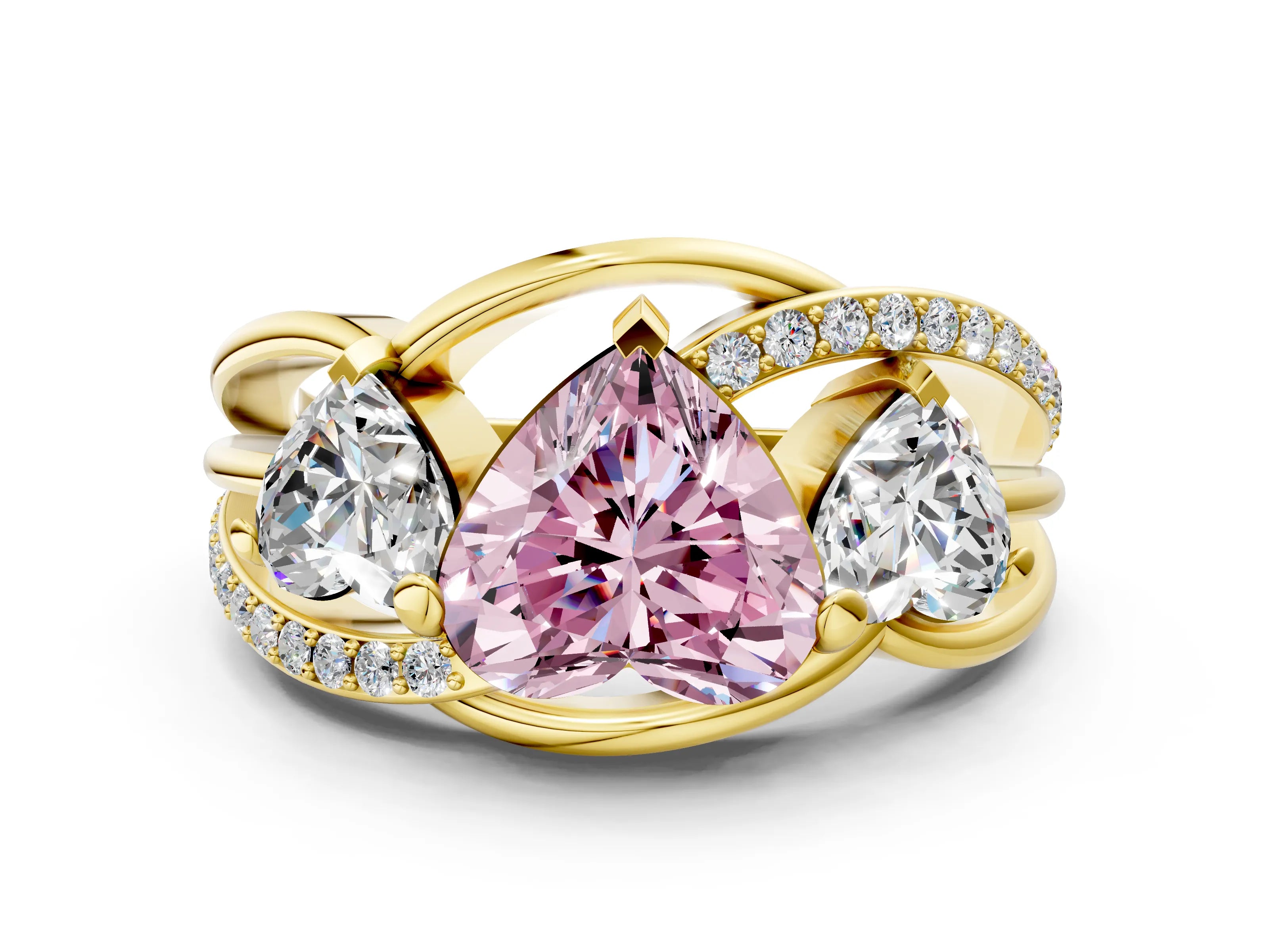 Yellow gold Three-Stone Fancy Pink Heart Cut Cut Diamond Split Shank Prong Set Ring