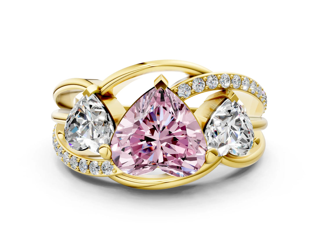Yellow gold Three-Stone Fancy Pink Heart Cut Cut Diamond Split Shank Prong Set Ring