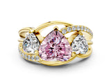 Yellow gold Three-Stone Fancy Pink Heart Cut Cut Diamond Split Shank Prong Set Ring