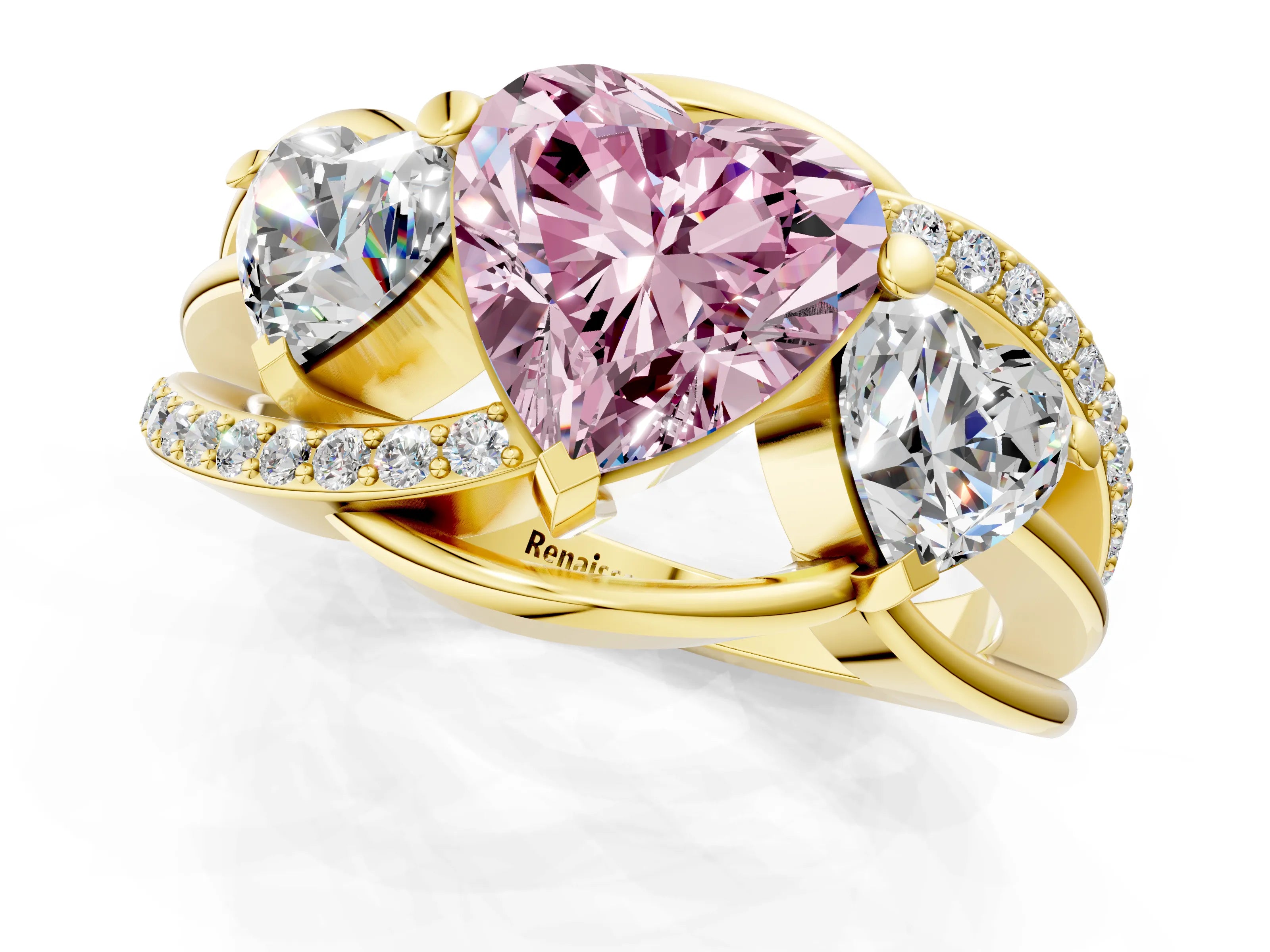 Yellow gold Three-Stone Fancy Pink Heart Cut Cut Diamond Split Shank Prong Set Ring_1