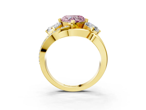 Yellow Gold Heart-Shaped Three Stone Split Shank Engagement Ring Setting for Fancy Pink Center